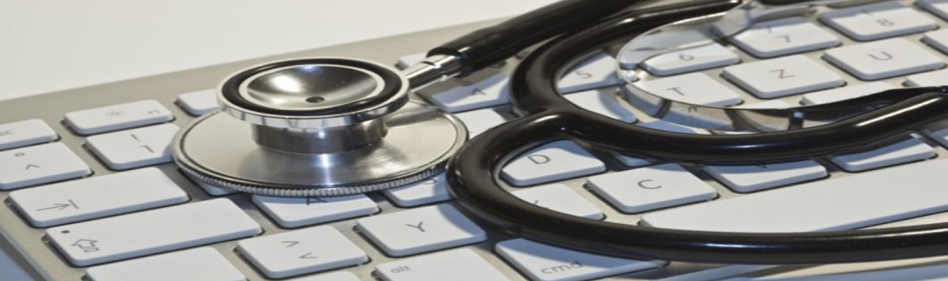 Minimal line drawing of a stethoscope resting on a computer keyboard, gray and black tones, clinical mood