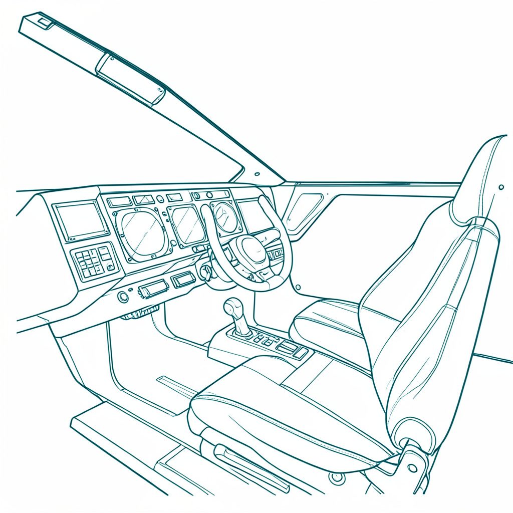 Minimal line drawing of a wraparound cockpit silhouette, dark teal and slate tones